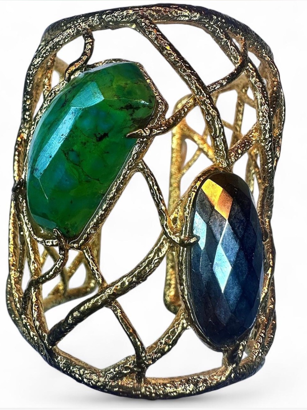 Alexis Bittar Gold Lattice Cuff Bracelet with Emerald and Black Stones